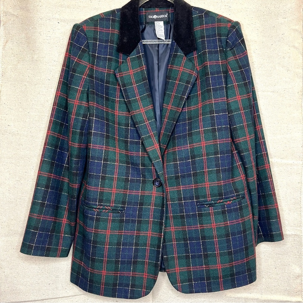 Vintage Sag Harbor Wool Blend Oversized Plaid Blazer